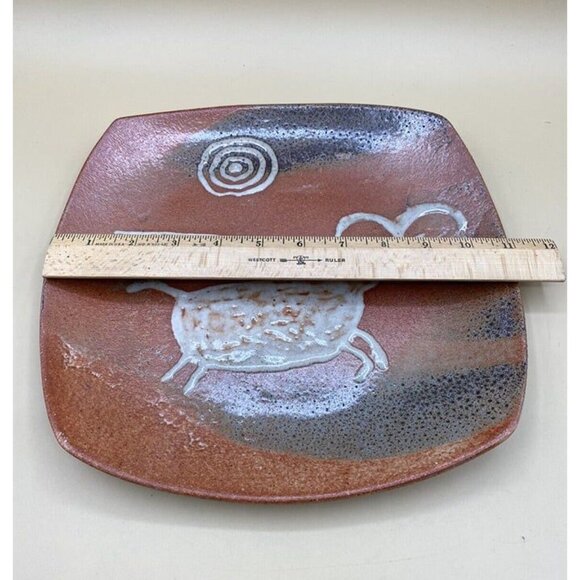 Studio Pottery Artist Native Signed Cave Painting Antelope & Sun 11” X 11” BC - Picture 11 of 12